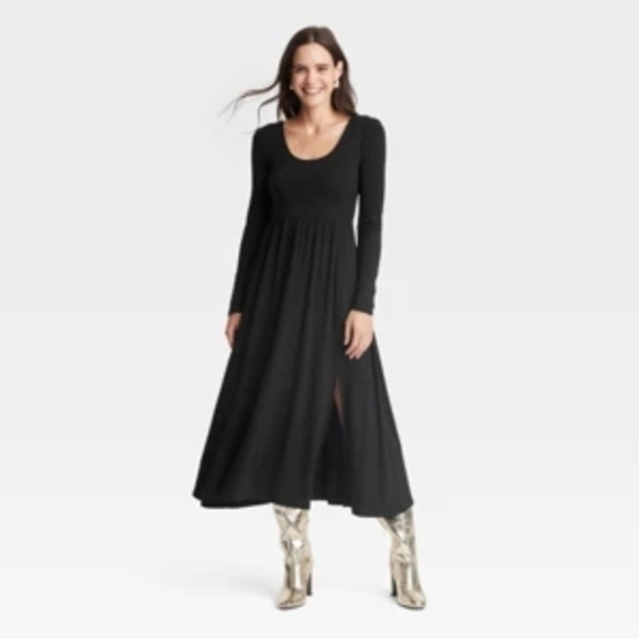 A New Day Black Pleated Long Sleeve Ballet Neck Dress - Picture 1 of 3